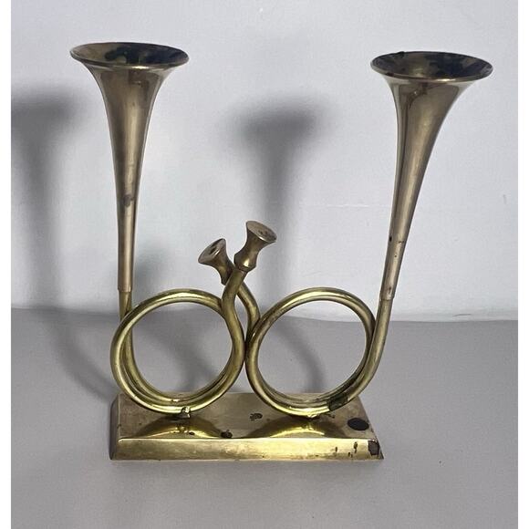 Brass Double Bugle Trumpet Horn Holiday Candlestick Holder Pedestal Music Lover - Picture 2 of 9